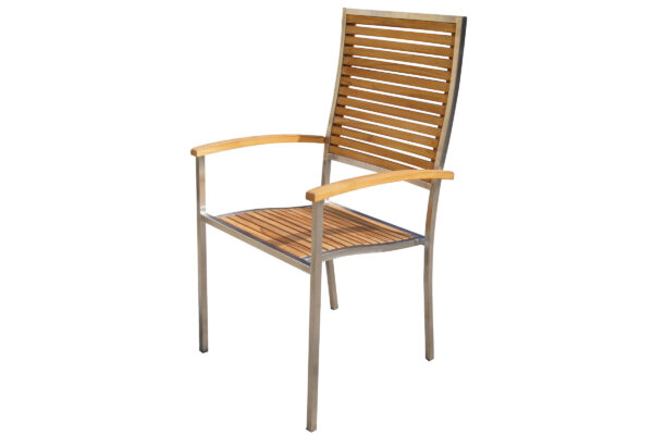 OUTFLEXX Stuhl aus Edelstahl/FSC-Teakholz mit hoher Rückenlehne und Armlehnen