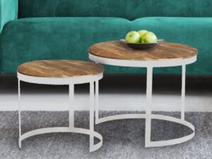 Couchtisch 2er Set Beistelltisch Wohnzimmer Tisch rund Austin Metall Gestell altsilber o. schwarz reinweiss tabacco