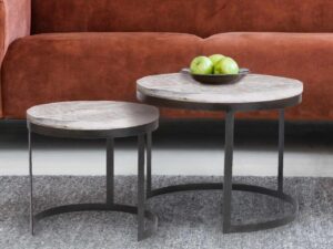 Couchtisch 2er Set Beistelltisch Wohnzimmer Tisch rund Austin Metall Gestell altsilber o. schwarz weiss gekaelkt altsilber