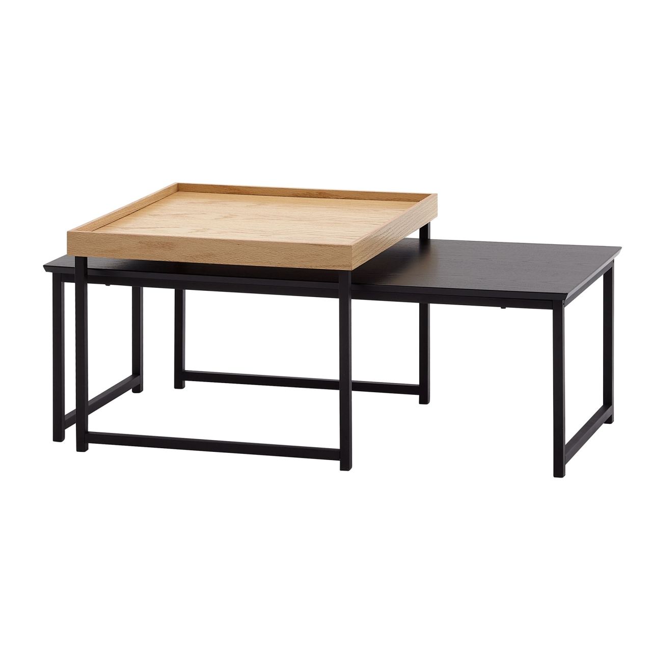 Couchtisch 2er Set Holz / Metall Sofatisch Eckig Eiche Schwarz Modern, Beistelltisch 2-teilig, Design Wohnzimmertische, Holztisch Satztische 1 Couchtisch 2er Set Holz / Metall Sofatisch Eckig Eiche Schwarz Modern