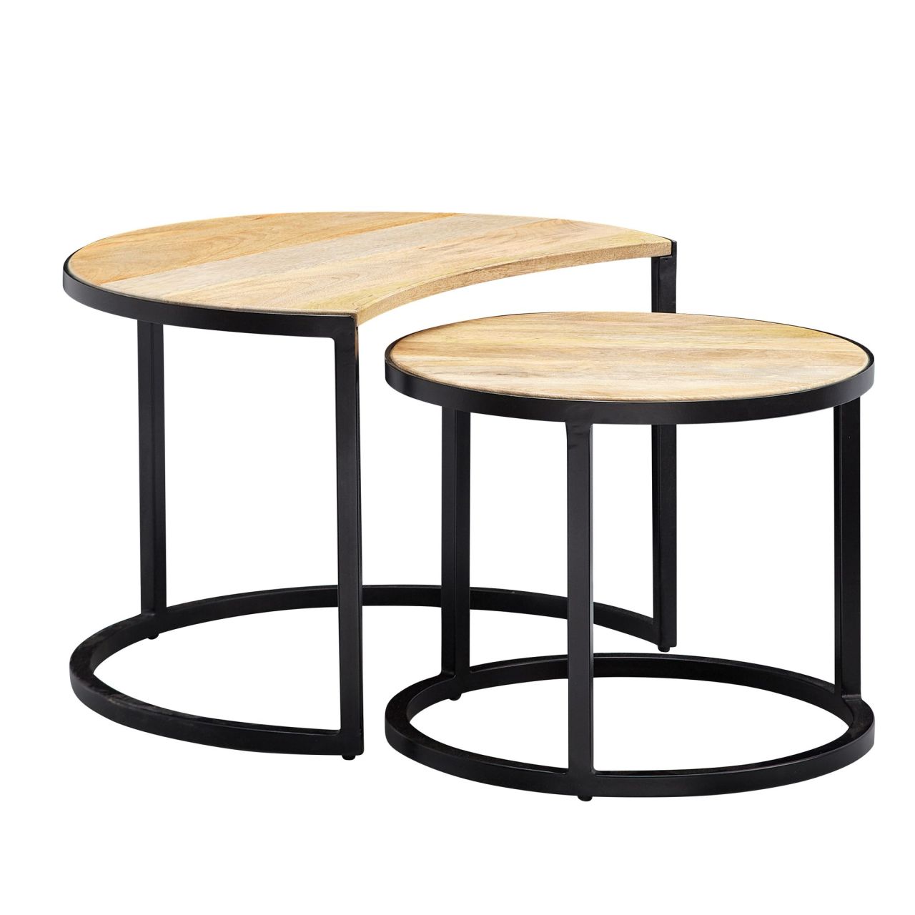 Couchtisch 2er Set Mango Massivholz / Metall Wohnzimmertisch Rund, Industrial Beistelltisch mit Metallbeine Schwarz, Tischset 2-teilig Satztisch Holz 1 Couchtisch 2er Set Mango Massivholz / Metall Wohnzimmertisch Rund