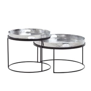 Couchtisch 2er Set Silber / Schwarz Metall Hammerschlag Satztisch Rund
