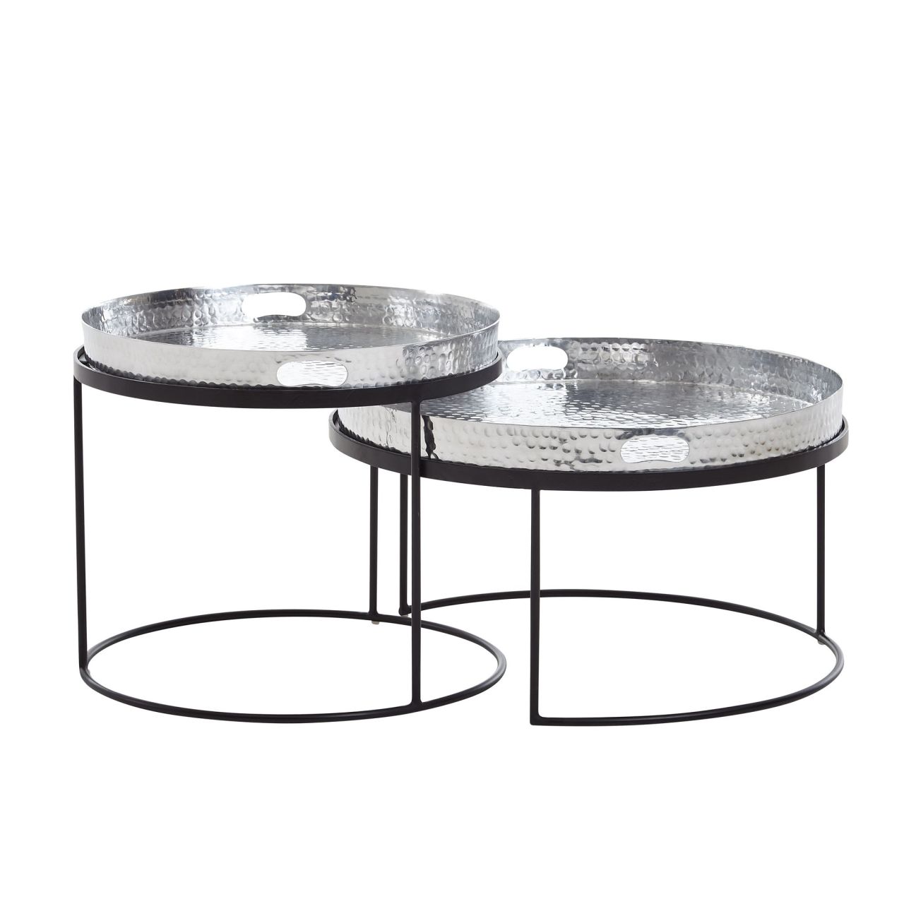 Couchtisch 2er Set Silber / Schwarz Metall Hammerschlag Satztisch Rund, Sofatisch abnehmbares Tablett, Tabletttisch Sofa 2 teilig Modern, Runder Beistelltisch 1 Couchtisch 2er Set Silber / Schwarz Metall Hammerschlag Satztisch Rund