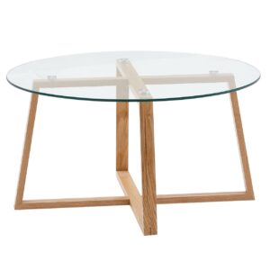 Couchtisch 78x78x41 cm Sofatisch Eiche Massivholz Glas Rund Design Wohnzimmertisch Modern Holztisch Stubentisch Gross Kaffeetisch Tisch Wohnzimmer Echtholz