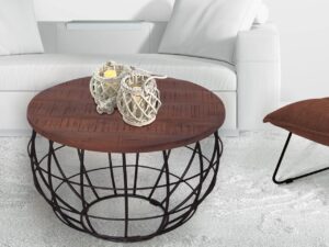 Couchtisch nachhaltig rund o 75 cm Wohnzimmer Tisch Massivholz London Metall Gitter Metall Gestell braun bassano