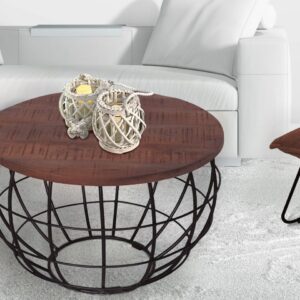 Couchtisch nachhaltig rund ø 75 cm Wohnzimmer-Tisch Massivholz London Metall Gitter Metall Gestell braun - bassano