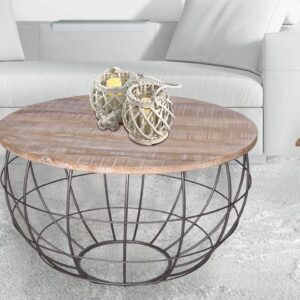 Couchtisch nachhaltig rund ø 75 cm Wohnzimmer-Tisch Massivholz London Metall Gitter Metall Gestell weiß gekälkt