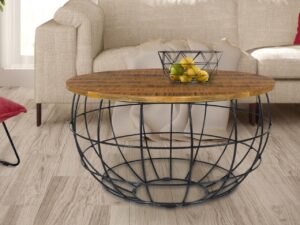 Couchtisch rund nachhaltig Lexington o 75 cm Metall Gitter Drahtgestell Massivholz Wohnzimmer Tisch braun bassano