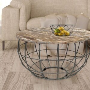 Couchtisch rund nachhaltig Lexington ø 75 cm Metall Gitter Drahtgestell Massivholz Wohnzimmer-Tisch weiß gekälkt - altsilber