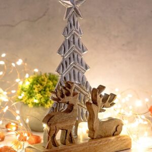 Dekofigur Weihnachtsbaum mit Hirschen 20x31cm Weihnachtsdeko Mangoholz Aluminium