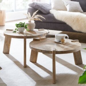 Design Couchtisch 2er Set Mango Massivholz Wohnzimmertisch Hell