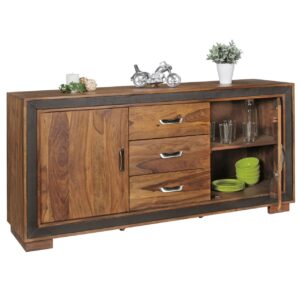 Design Sideboard Sheesham Massivholz mit Kunstleder 160x44x80 cm