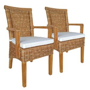 Esszimmer Stühle Set mit Armlehnen 2 Stück Rattanstuhl Perth capuccino Korbstuhl Sessel nachhaltig mit Sitzkissen Leinen weiss