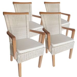 Esszimmer Stühle Set mit Armlehnen 4 Stück Rattanstühle Stuhl weiß Perth Sessel nachhaltig mit Sitzkissen Leinen weiss