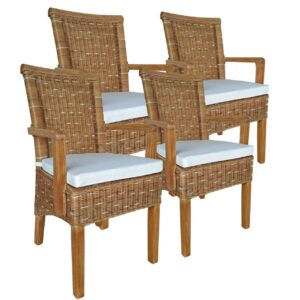 Esszimmer Stühle Set mit Armlehnen 4 Stück Rattanstühle braun Perth Korbstuhl Sessel nachhaltig mit Sitzkissen Leinen weiß