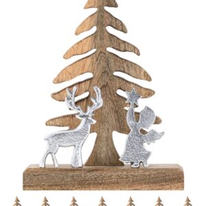 Holzfigur Weihnachtsbaum mit Hirsch u. Engel 20x27cm Masterbox 8-teilig Weihnachtsdeko Mangoholz