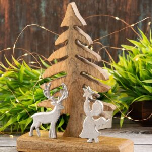 Holzfigur Weihnachtsbaum mit Hirsch u. Engel 20x27cm Weihnachtsdeko Mangoholz Aluminium