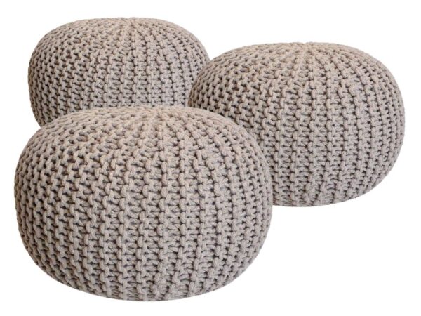 Pouf Set 3 Stück Ø 55 cm Bodenkissen Strickhocker Sitzhocker Sitzkissen Hocker nachhaltig Grobstrick beige & beige & beige