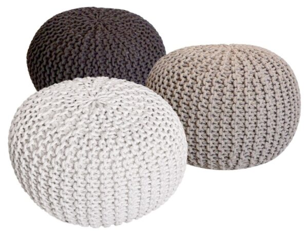 Pouf Set 3 Stück Ø 55 cm Bodenkissen Strickhocker Sitzhocker Sitzkissen Hocker nachhaltig Grobstrick braun & beige & weiß