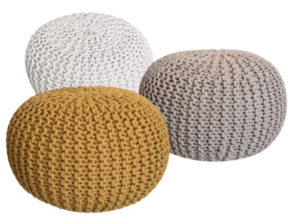 Pouf Set 3 Stück Ø 55 cm Bodenkissen Strickhocker Sitzhocker Sitzkissen Hocker nachhaltig Grobstrick weiß & beige & gelb