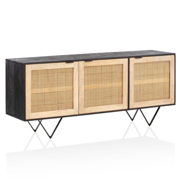 Sideboard 175x75x45 cm Mango Massivholz / Rattan Kommode mit 3 Türen