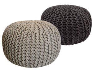 Sitzhocker Pouf SET 2 Stueck O 55 cm H 37 cm Strickhocker Bodenkissen Grobstrick Optik nachhaltig beige grau