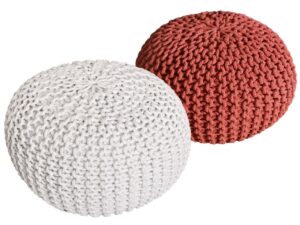 Sitzhocker Pouf SET 2 Stueck O 55 cm H 37 cm Strickhocker Bodenkissen Grobstrick Optik nachhaltig weiss terracotta