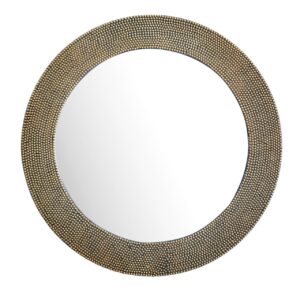 Wandspiegel 60 cm Metall Design Haengespiegel Gold Aluminium Dekospiegel Rund mit Perlen Rahmen Spiegel Wand Gross Flurspiegel Garderobenspiegel Modern